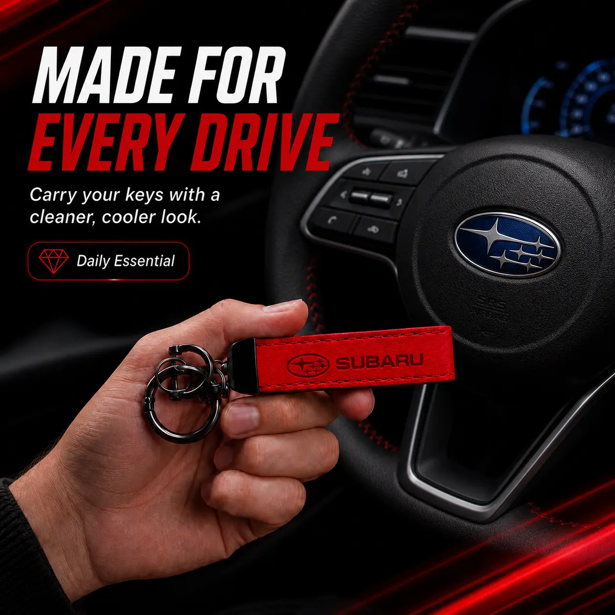 Premium Leather Car Keychain for Subaru Crosstrek Forester Outback Impreza Ascent WRX BRZ Legacy Solterra, Soft Suede Accent, Metal Buckle Swivel Ring Key Fob Holder, Anti-Loss Clip, Stylish Automotive Accessory Gift for Drivers, Red or Black