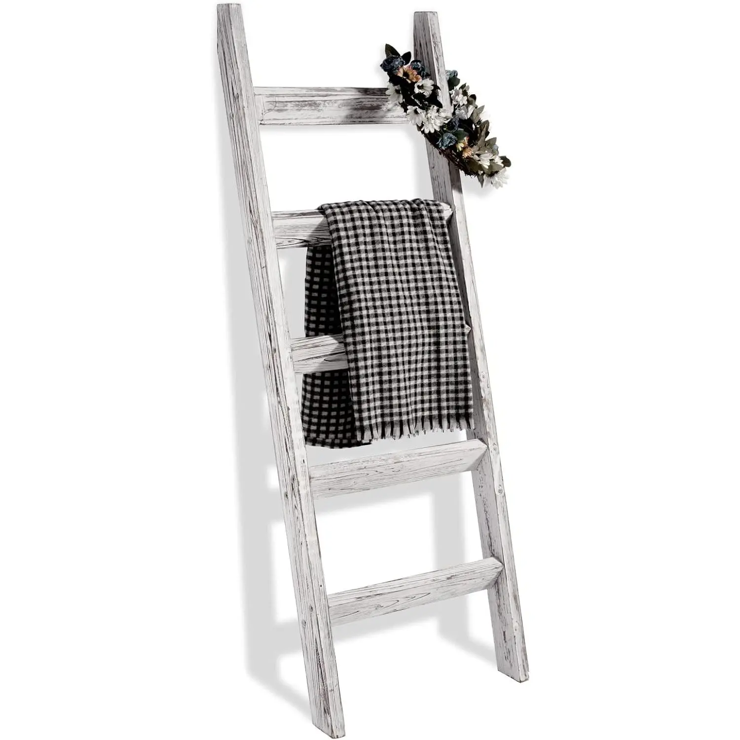 Rustic White 5ft (58in) Indoor Wooden Blanket Ladder - Home Ladders for Home, Wall-Leaning Farmhouse Interior Decor, 1.18x3in Rungs, Assembled Easily, Portable Storage Holder for Living Room, Basement, Quilts, Towels, Inclined Ladder