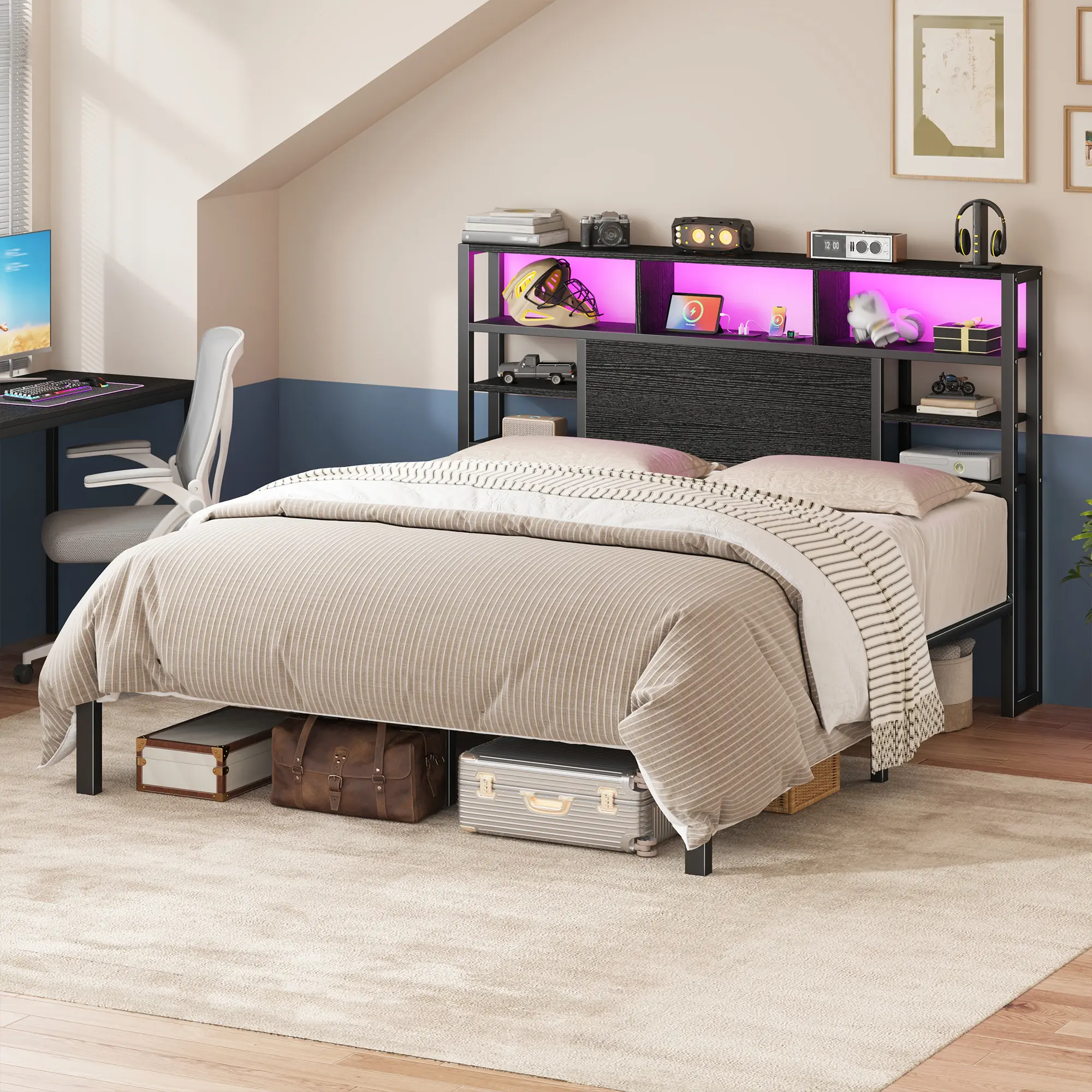 Raybee LED Bed Frame with Headbaord & Storage Bookcase Shelves for Queen, King, Full, RGB Lights & Power Outlet, 12.2" Underbed Storage Spaca, Strudy Metal Frame & Slat Holds 1100LBS, No Noise, Moden Industrial Wood Platform Bed Frame for Apartment, Teens