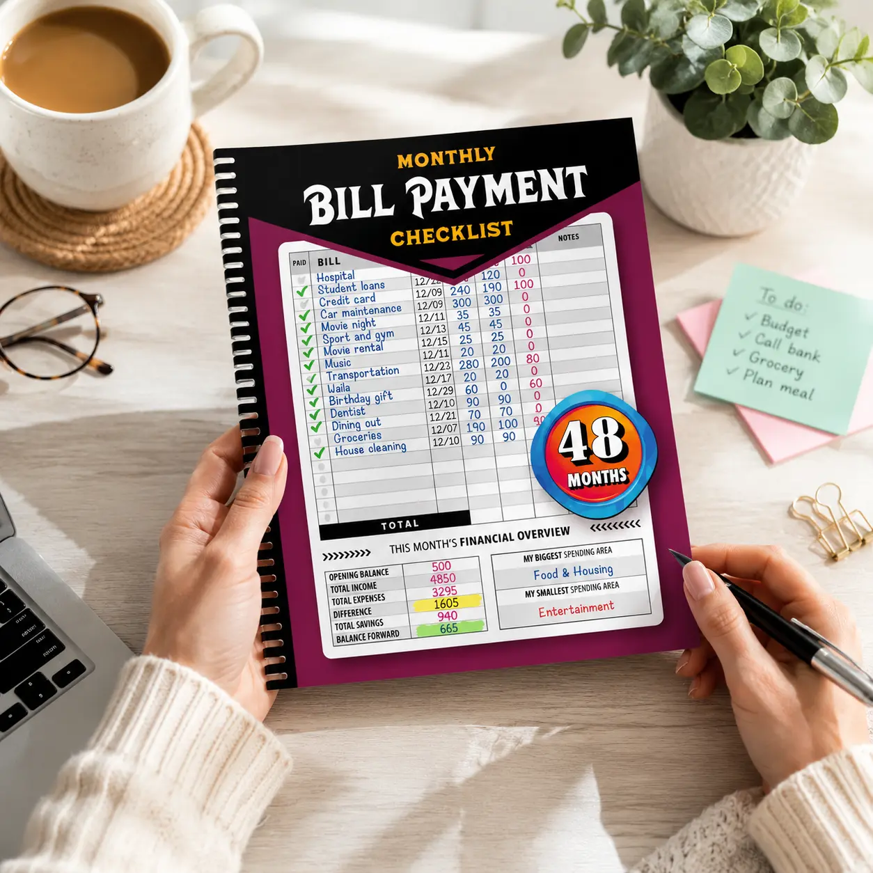 48-Month Budget Tracking Notebook - Monthly Financial Organizer with English Paper, Weekly Planner, Bill Payment Checklist, Pink Notepad for Personal Finance Management, Office Stationery Supplies