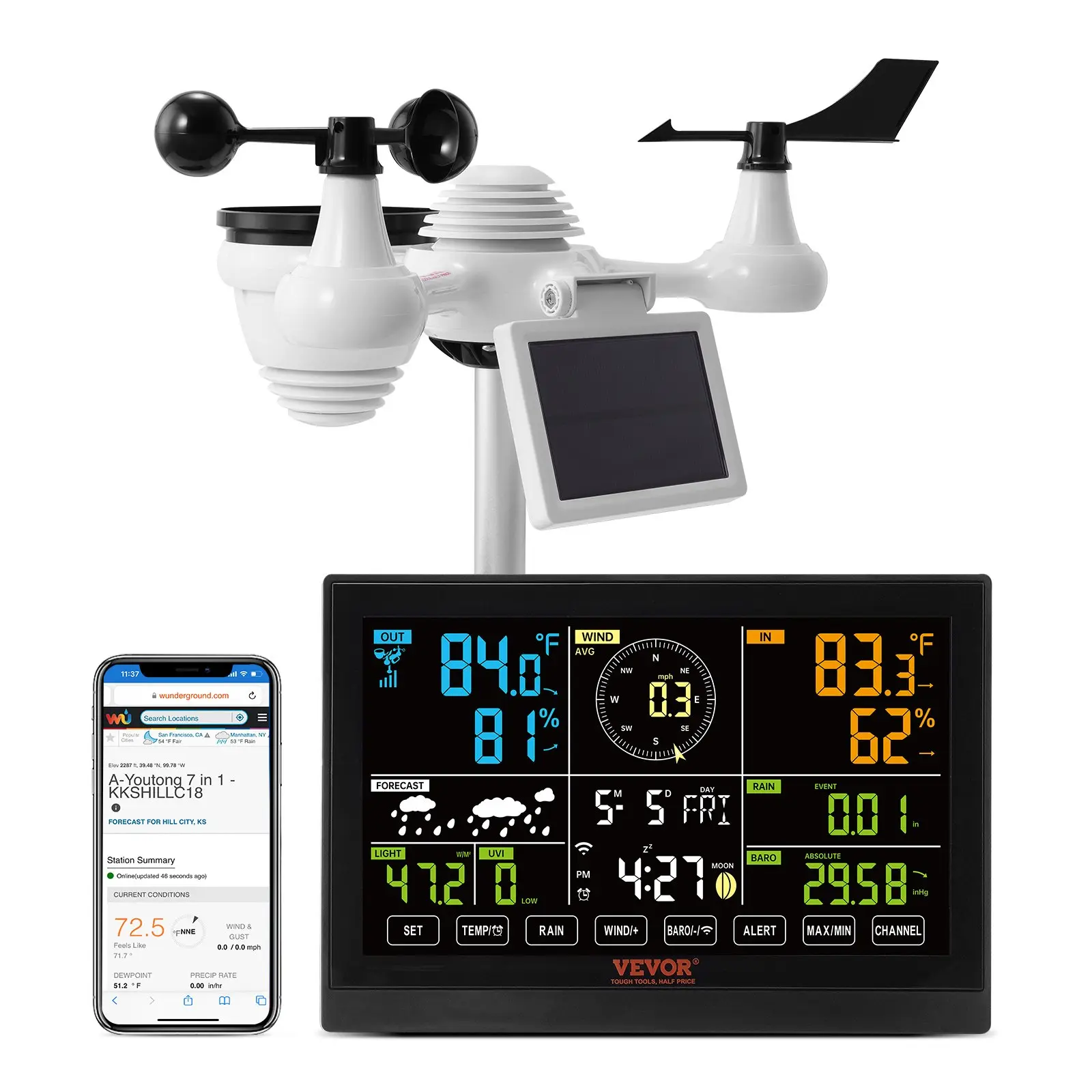 VEVOR 7-in-1 Wireless Wi-Fi Weather Station with 7.5in Digital Color Display, Solar-Powered Thermometer, Solar Panel, IPX6 Waterproof Outdoor Sensor, Alarm Alerts, Aluminum Bracket (Temp, Humidity, Wind, Rain Tracking, Indoor Home Use, Various Specs)