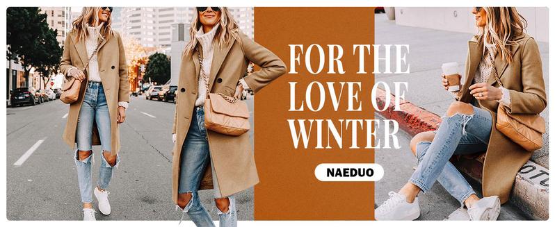 Naeduo Women's Winter Wool Blend Coat Casual Notch Lapel Single-Breasted Peacoat Knee-length Mid Long Pea Trench Overcoat