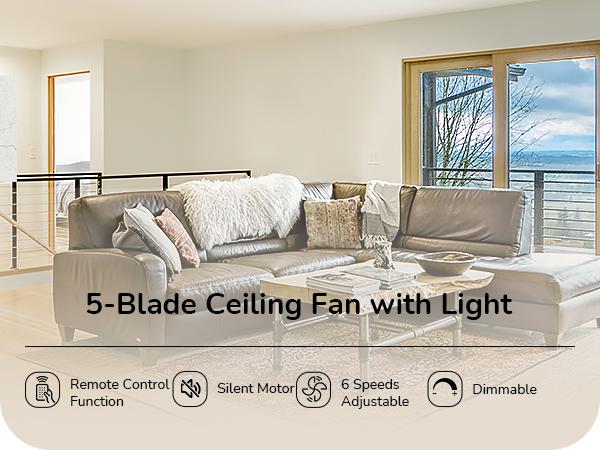 EDISHINE 52 Inch Farmhouse Ceiling Fans with Lights, Remote Control, 5 Wooden Blades, Dimmable, Timer, 6 Speeds Reversible DC Motor, Rustic Lighting & Ceiling Fan for Bedroom Living Room, UL Listed-HCFR01A