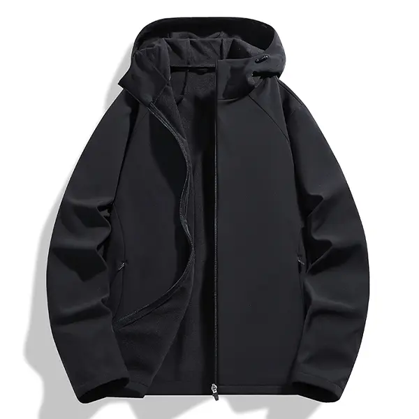 Men's Plain Fashion Menswear Tops Outfits - Black Softshell Jacket, Hooded, Fleece Lined, Ideal for Outdoor & Casual Wear, Coat, Long Sleeve, Minimalist, Foldable, Longsleeves, Athletic, Cap Design, Classic, Hangable