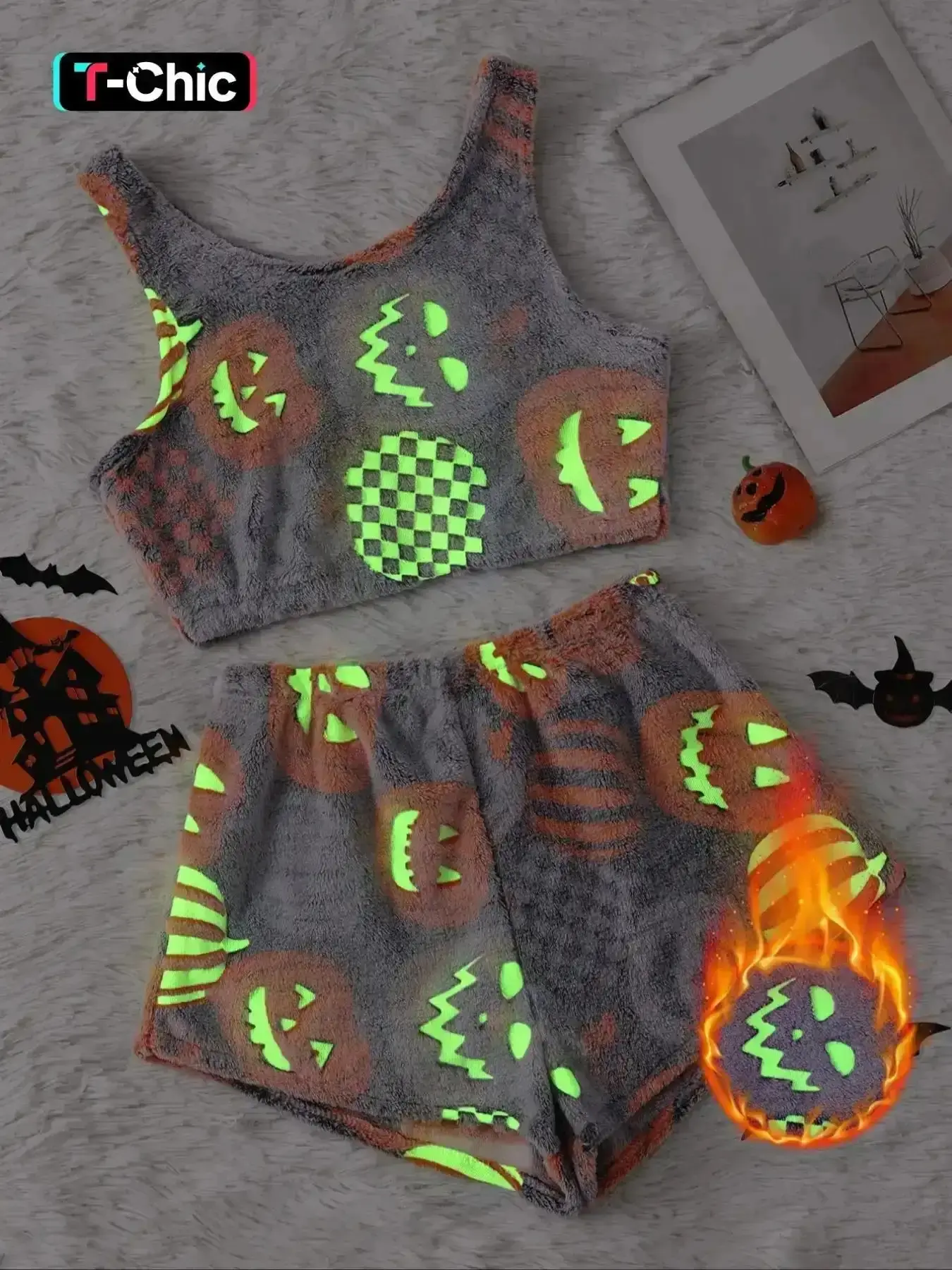 Women's Halloween Flannel Pajama Set, Cozy Loungewear, Glowing Pumpkin & Ghost Print Tank Top Elastic Waist Shorts, Winter Nightwear, Easy Care, Pajama Time, Casual Homewear, Weekend Relax, Comfort Zone modern silhouette