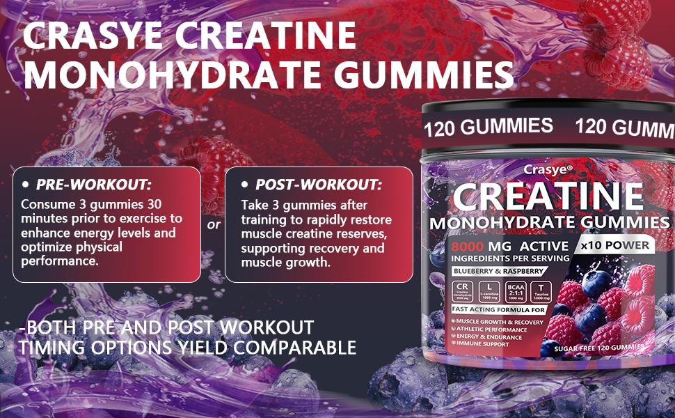 CRASYE Creatine Gummies 8000mg Blueberry Raspberry Flavor 120 Gummies Supports Muscle Gains Workout Recovery Essential Aminos Made in USA Fitness Endurance Supplement