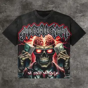 traight Skull with Money and Brain Y2K Gothic Graphic T-Shirt, Oversized Streetwear Tee, Men's Hip Hop Loose Fit Dark Style Top