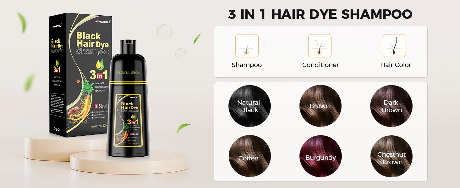 MEIDU Hair Dye Shampoo 3 in 1,Herbal Ingredients,Contains Ginseng Extract,Can cover gray hairs,Natural Haircoloring,Plant Haircare,black hairdye,Salon