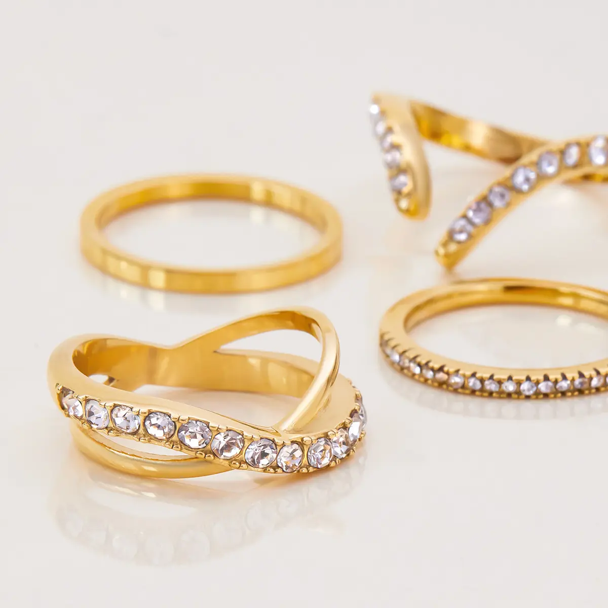 18k Gold Plated Rings for Women – Stainless Steel Waterproof Hypoallergenic Rhinestone Rings, 2 Elegant Styles -Size 7