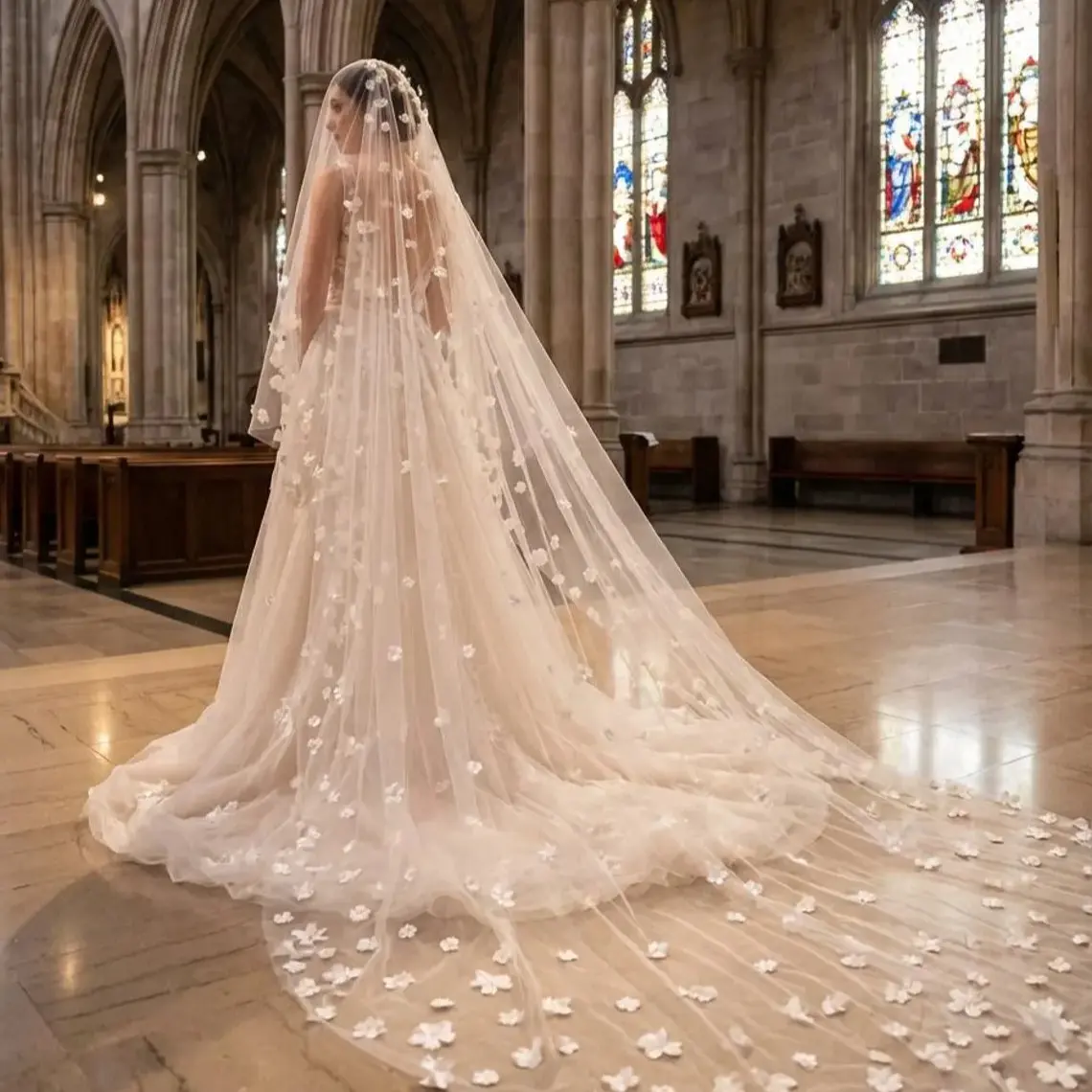 Bridal Veil White Ivory Bridal Veil Long Cathedral Wedding VeilS 3D Flowers Floral Lace Petals Veil Bride velos de Novia Wedding Accessories(White,300cm)