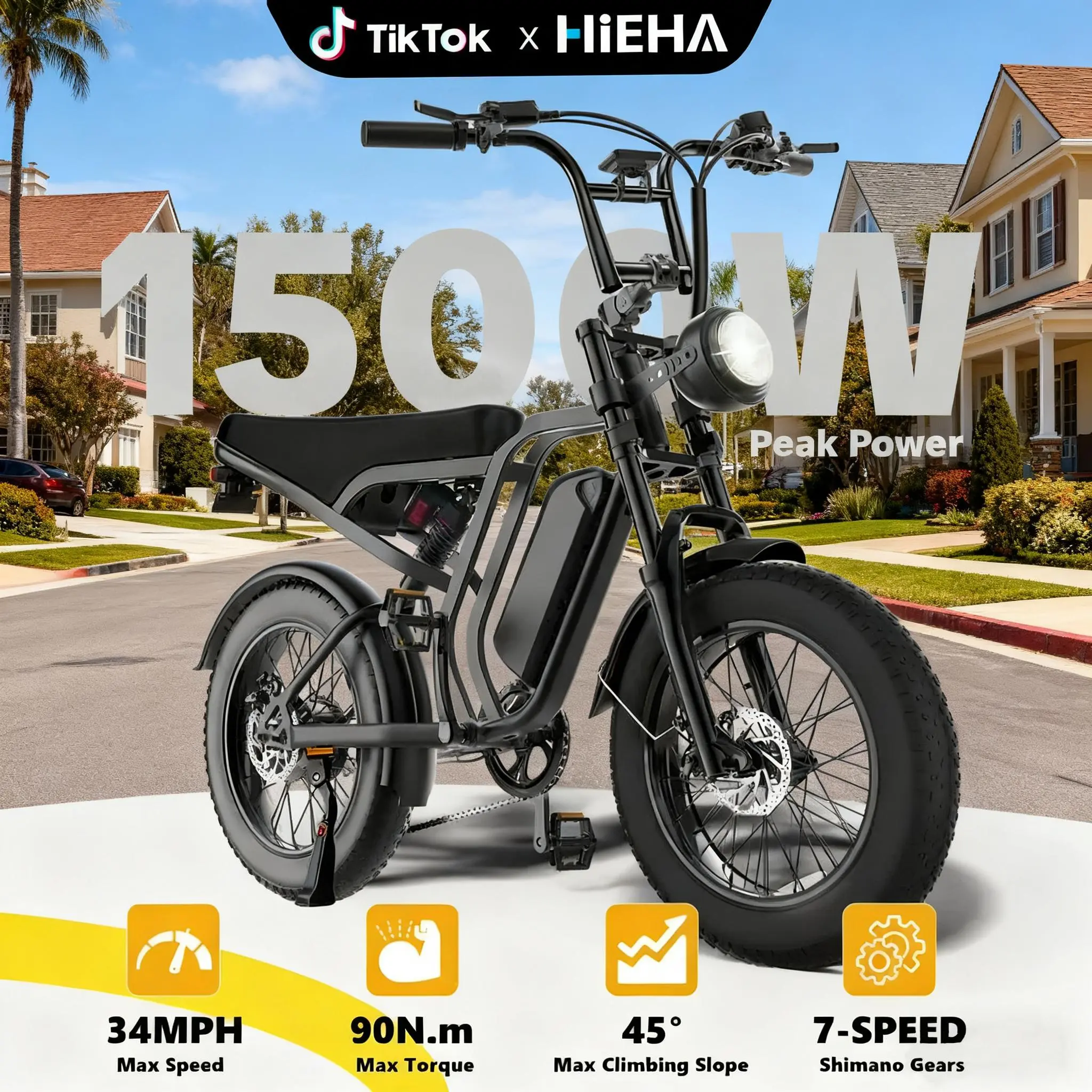 【HiEHA】All-Terrain 1500W Peak Power Adult Electric Bike - 34MPH Max Speed, 30-70 Miles Range, Full Suspension, 20"×4.0" Fat Tires, 48V 15AH Removable Battery, UL 2849 Certified - Commuter Energy-saving Ebike, Fast Charging, tiktokshopsummersale tiktoksho