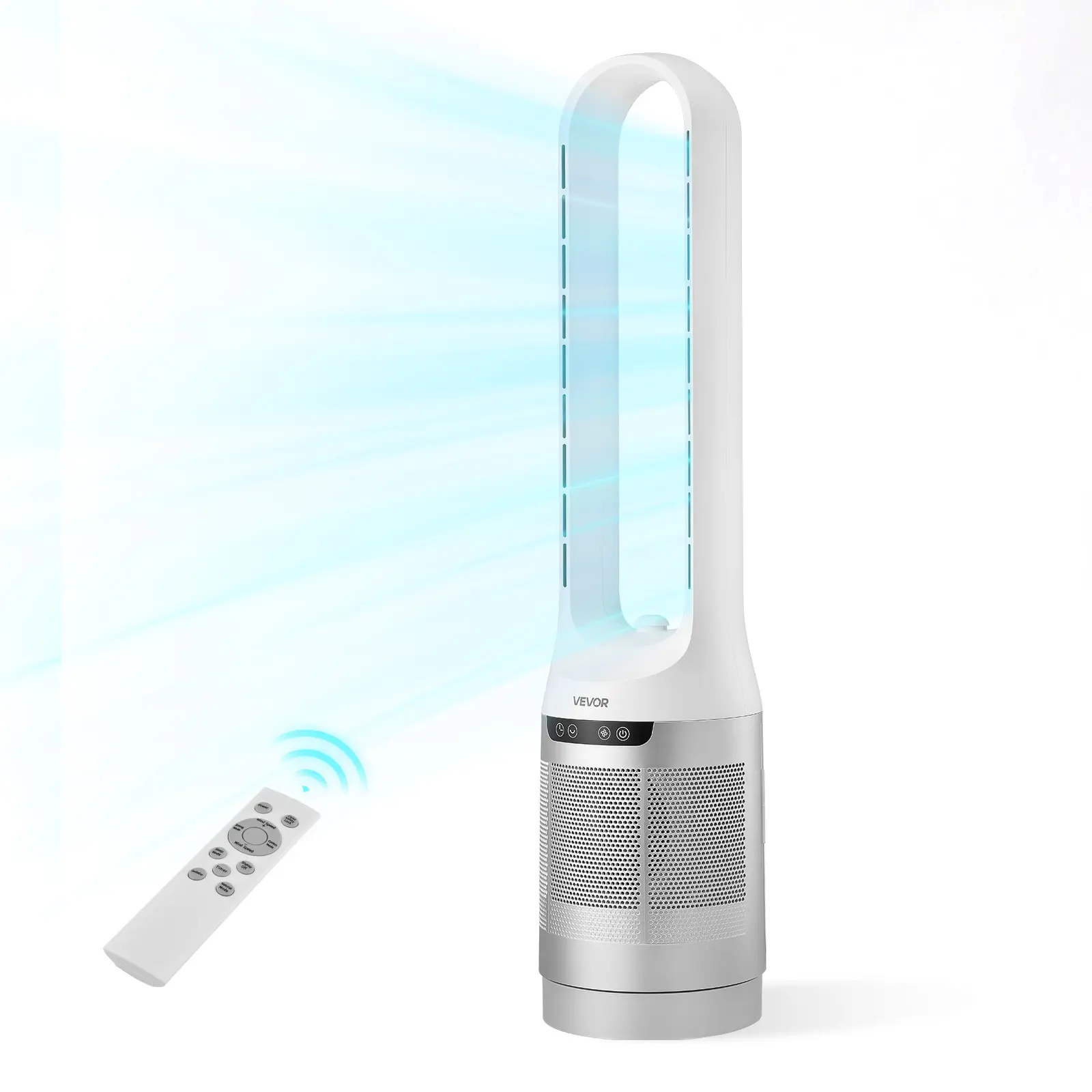 【summerfinds】VEVOR Bladeless Tower Fan, 65° Oscillating Standing Fan, 12 Speeds & 4 Modes & 8H Timer, 14.76 ft/s High Velocity Floor Air Circulator, Powerful Airflow for Bedroom, Living Room, Home, Office, White, Fans, Fan For Bedroom