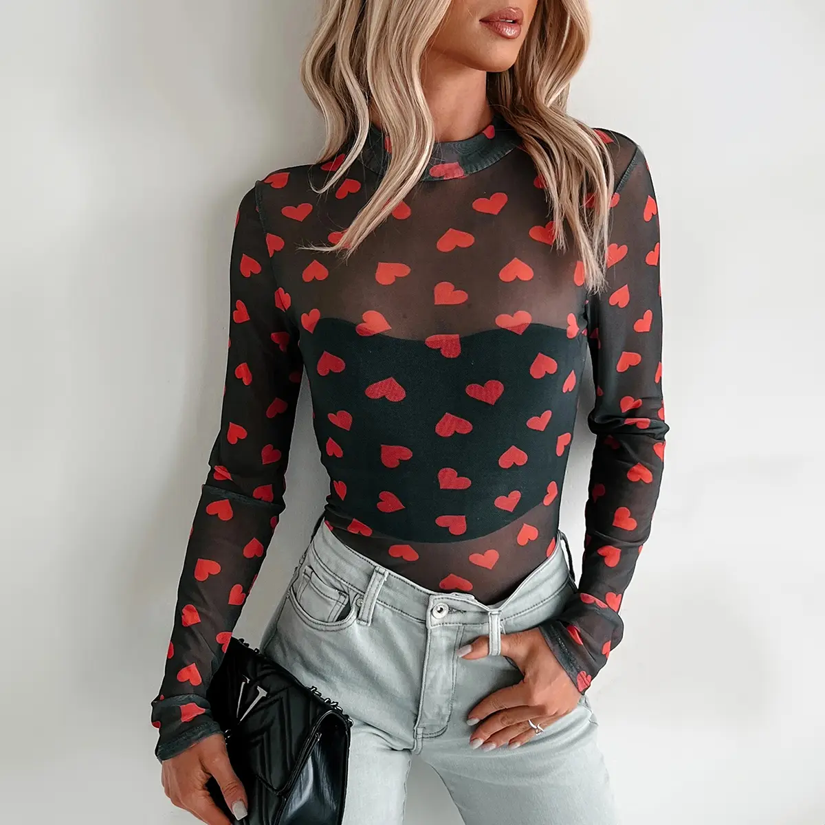 Women's Slim-Fit Lightweight Mesh Blouse - Long-Sleeve, Mock Neck, Heart Print, See-Through, Breathable, Elegant Holiday Valentine's Day Going-Out Top