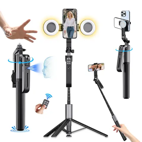74.8in 360° Angle Control Auto Face Tracking Selfie Stick Tripod with Cellphone Clip, Magnetic Support, Gesture Control, Wireless Rechargeable Tripod Remote, Mobile 2-Phone Simultaneous Live-Streaming/Recording for iPhone 17/16/15/14/13, Android