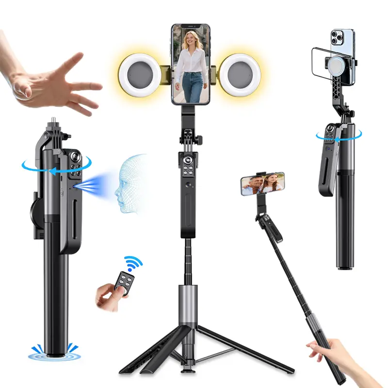 74.8in 360° Angle Control Auto Face Tracking Selfie Stick Tripod with Cellphone Clip, Magnetic Support, Gesture Control, Wireless Rechargeable Tripod Remote, Mobile 2-Phone Simultaneous Live-Streaming/Recording for iPhone 17/16/15/14/13, Android