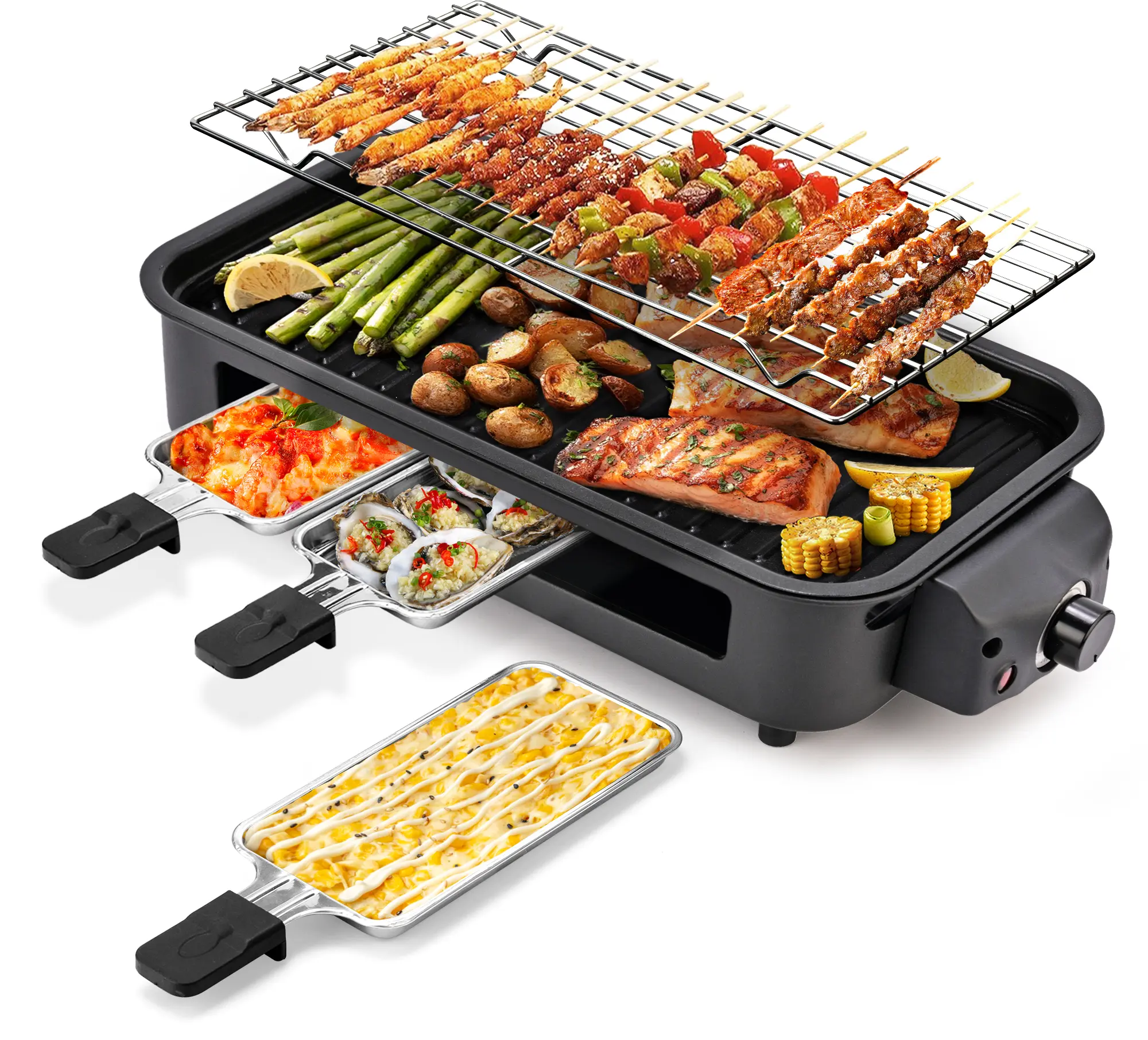 Pukomc 1500W Corded Smokeless Electric Tabletop Grill - Nonstick Griddle, Removable Plates, Adjustable Temp Control Dial, 3 Mini Raclette Pans, Compact, Oil Splash Reduced, Spatula Included for Plug in and Cook Low-Fat Couples’ Meals, Smokeless BBQ Grill,
