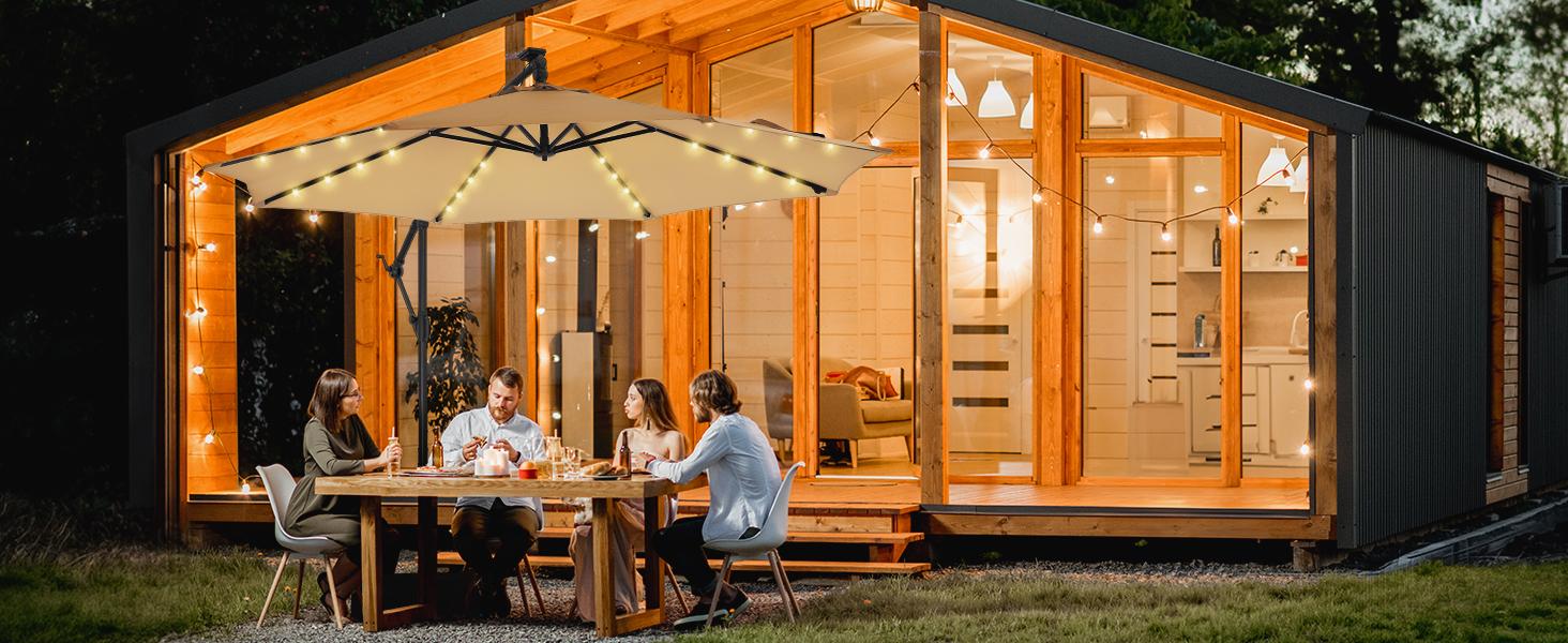 [With Base] 10ft Offset Outdoor Patio Umbrella with Base & Solar Light, Easy Tilt & Crank, Adjustable UPF 50+ UV Protection for Garden, Backyard & Poolside