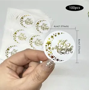 Eid Mubarak Stickers,1.57x1.57inch Ramadan Mubarak Lable Sticker,100pcs Golden Foil Stickers