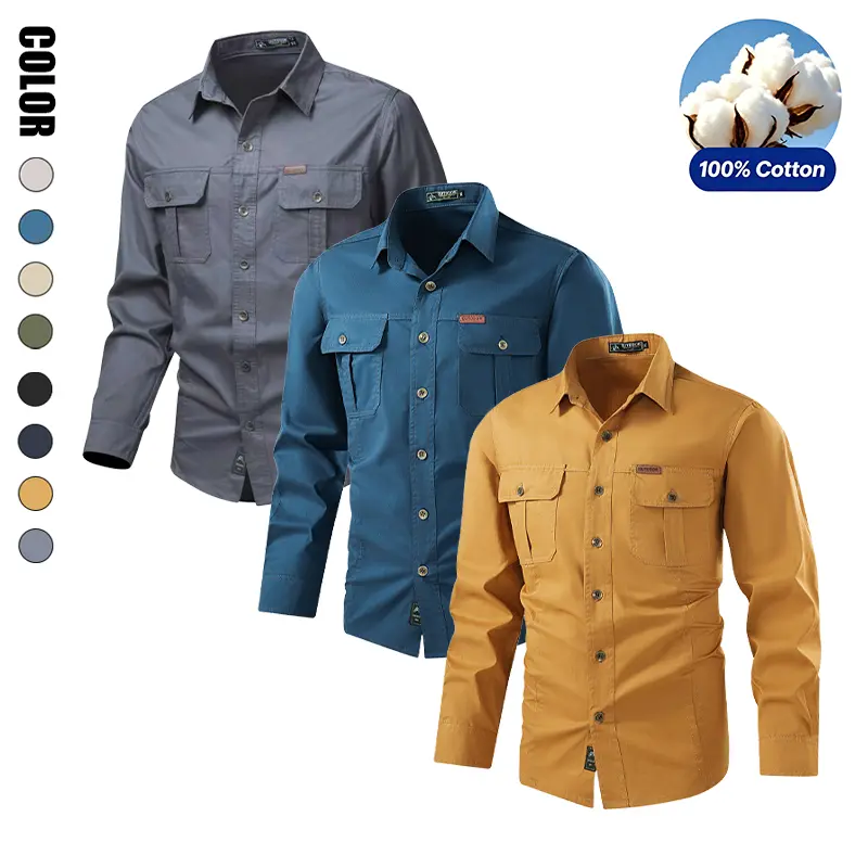 2 Pack Men's 100% Cotton Long Sleeve Cargo Work Shirts, Button Down Loose Fit Tops with Chest Pockets, Durable Wind Resistant Breathable Casual Outdoor Workwear Father's Day Gift