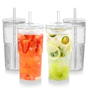 4PCS Ribbed Glass Cups with Lids and Straws | Clear,Reusable Glass Tumbler | Straw and Lid | Must Have for Coffee Bar Accessories