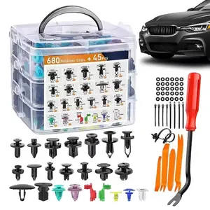 Cars Accessories 680/725-Piece Car Bumper Repair Kit with universal plastic rivets, screws, and pry tools, featuring a fastener set for auto body maintenance with multi-size clips.