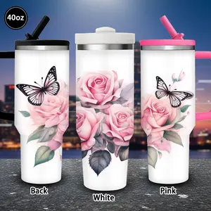 1pc 40oz Watercolor Pink Roses and Butterflies Tumbler with Lid and straw, Winter Insulated Travel Mug, Gift for Women Men, Ideal for Valentine's Day, Birthday Gift, Coffee Cup for Office