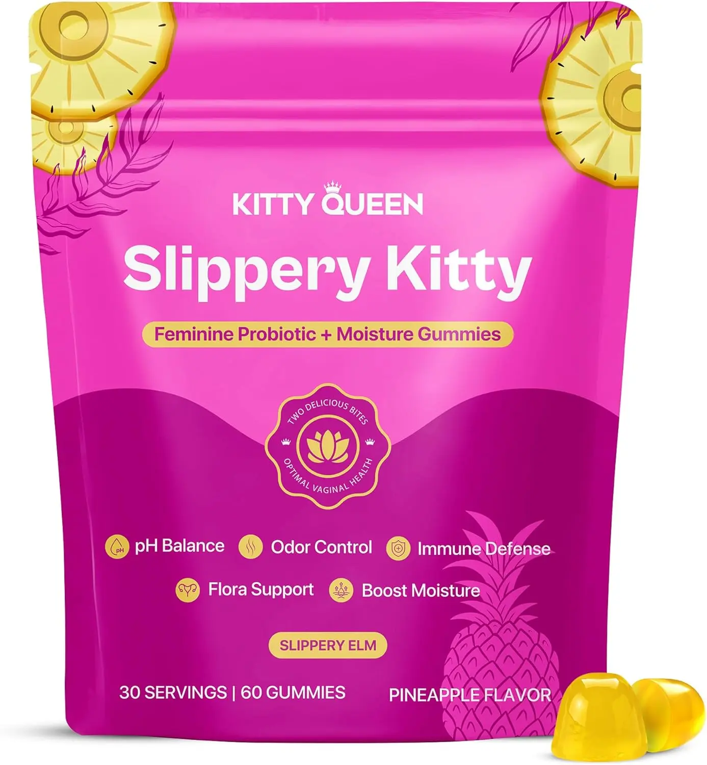 Feminine Probiotic Pineapple Gummies with Slippery Elm, 2B CFU, Intimate Flora pH Balance & Odor Wellness Chews, Vegan, Halal, Gluten-Free, 60 Count