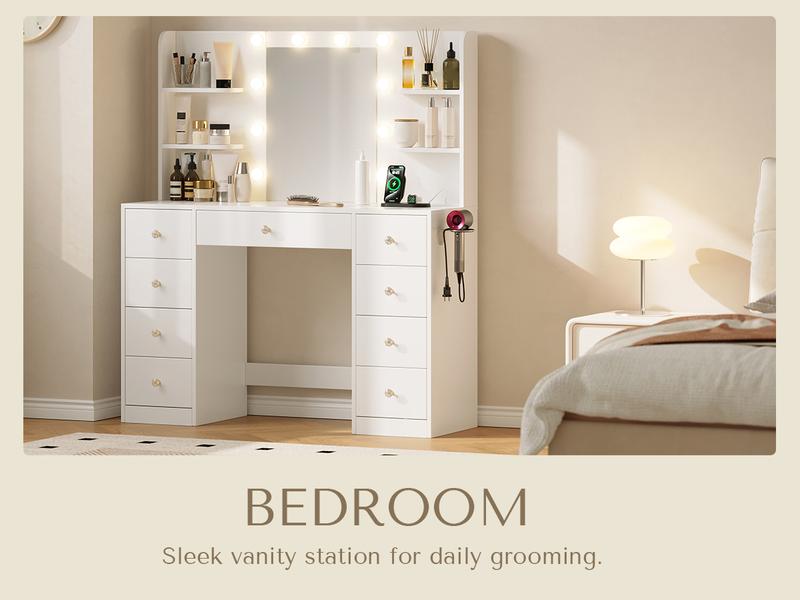 [New Year Deals] Vanity Desk with Mirror Lights 9 Drawers 6 Storage Shelves Dressing Table Power Outlet 3 Color Modes 10 LED Bulbs for Girls Bedroom,Gift for Daughter, Wife & Mom – Girls Bedroom Essential