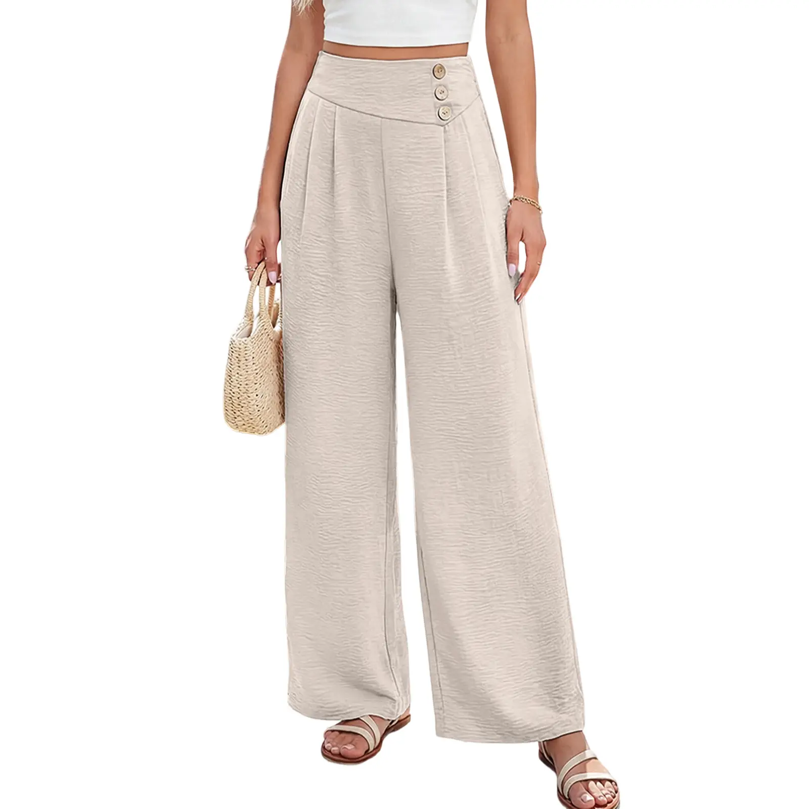 EVALESS Womens Wide Leg Pants High Waisted Button Pleated Loose Casual Pants Beach Vacation Trouses 2026 Womenswear Springtok Outfits  Deals For You Days summer outfits