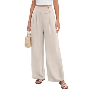 EVALESS Womens Wide Leg Pants High Waisted Button Pleated Loose Casual Pants Beach Vacation Trouses 2026 Womenswear Springtok Outfits