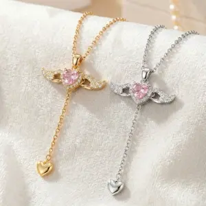18k Gold and Silver Angel Wing Necklace for Her Mothers Day Gift with Pink Crystal Heart Charm
