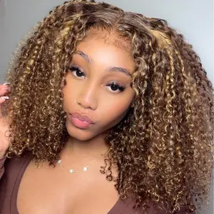 Highlight Glueless Kinky Curly Short Bob Wig Pre Plucked Pull Go Cap 4x6 Lace Closure Wear And Go 180% Density 4/27 Colored Human Hair Wigs For Women