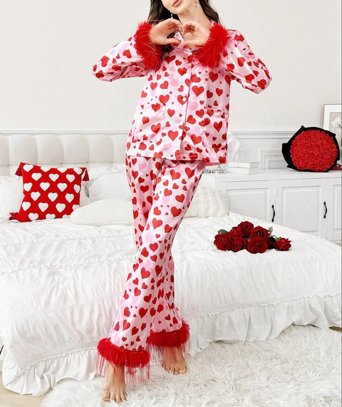Heart Morther's Day gifts Pajamas Set  Sleepwear for  Matching Homewear Sleepwear  homewear,Pink floral satin pajama set,Romantic & Sweet sets, soft and comfortable daily pajimas, For Her, Best gifts Tree Christmas Family