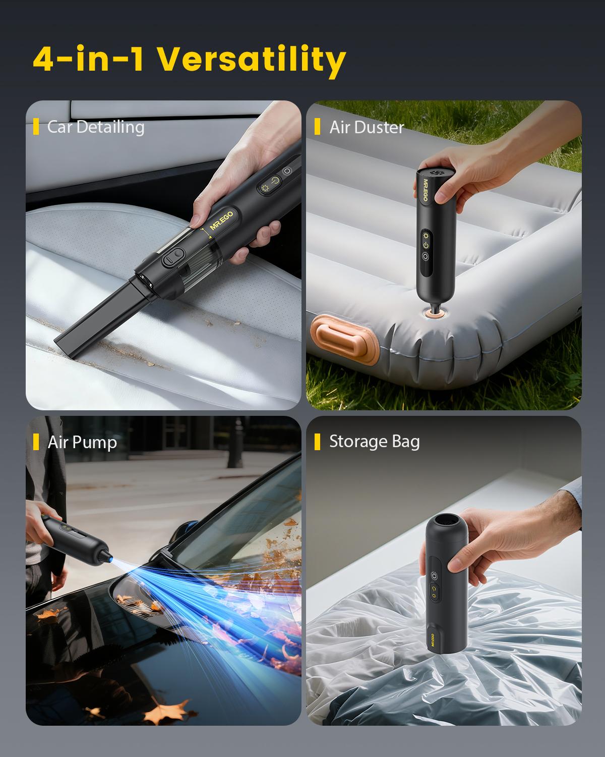 MR.EGO 20000Pa, Car Vacuum Portable Cordless, 4-in-1 Mini Vacuum Cleaner with 20,000Pa Powerful Suction, Green LED Light, Type-C Charging, 2 Suction Modes, Ultra-Light for Car, Home, Desk, Keyboards (Black) Car Cleaning Supplies Car Detailing Kit