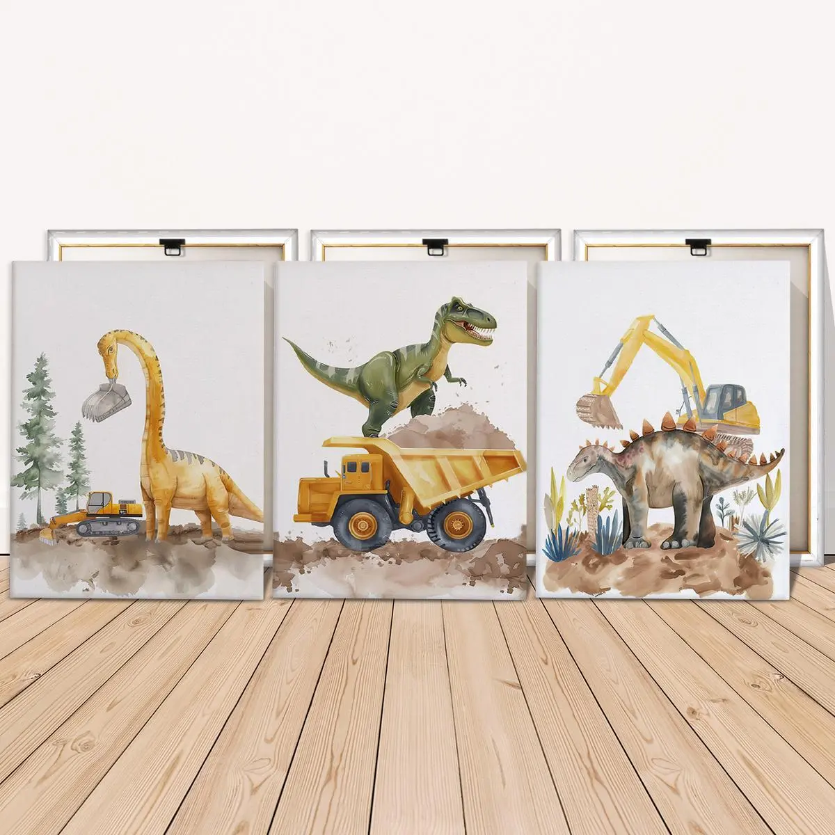 Dinosaur & Construction Themed Wooden Framed Canvas Painting, Dinosaur Themed Design, 3 Counts/set Modern Art Wall Art Print, Decorative Artwork, Wall Decor for Home Living Room Bedroom Office, Poster