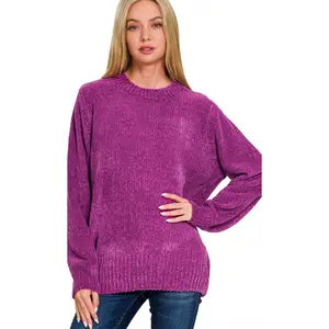 CHENILLE ROUND NECK LONG & RELAXED FIT SLEEVE SWEATER | PLUM | SIZES S/M & L/XL | Charlotte's Classy Closet