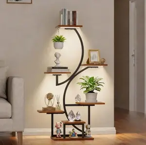 BACEKOLL 7 Tier Lighted Display Shelf, 44" S-Shaped Corner Decorative Storage Rack with LED Light, Tall Display Shelf for Books, Figurines, Photo Frames, Candles, Crystals & DIY Crafts, Plants