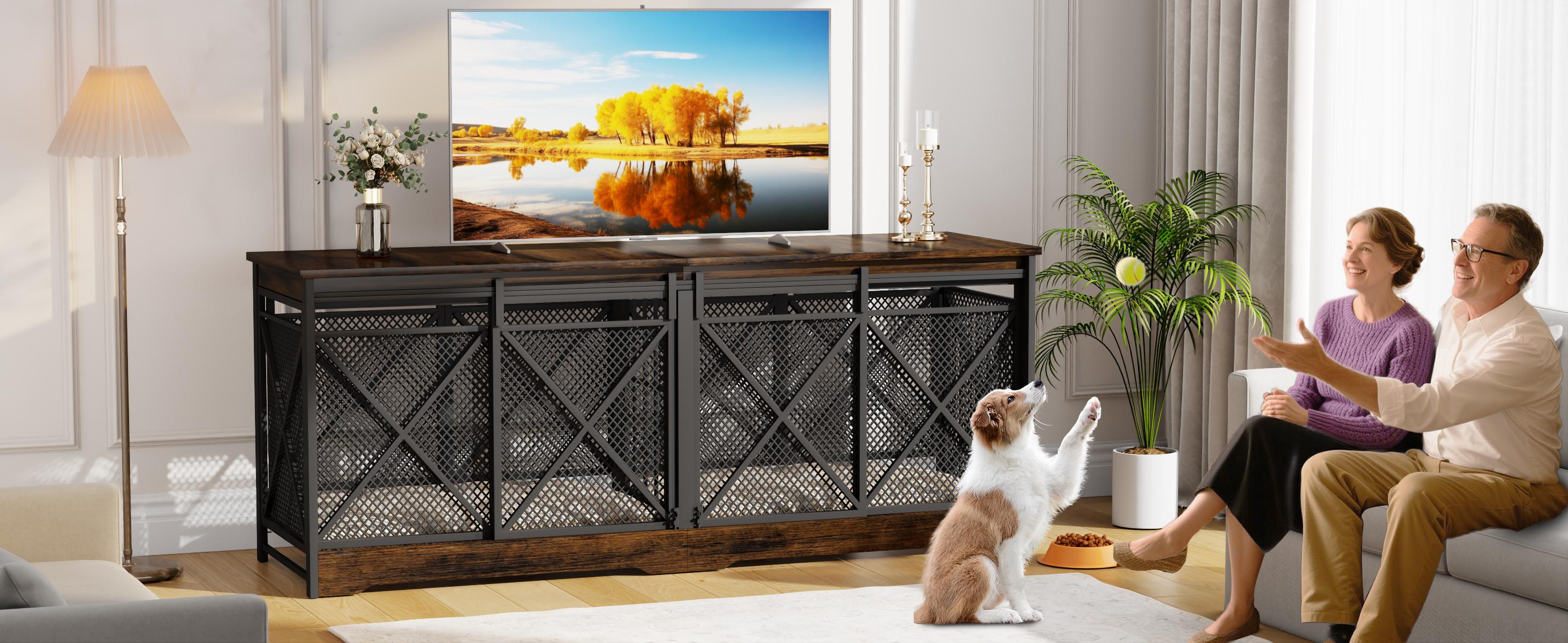 【SpringGlowUp】COZPAW 78" Dog Crate Furniture for 2 Dogs,Extra Large Breed Double Chew-Resistant Indoor Pet House,Heavy Duty Wooden XXL Large Kennel, Furniture Style XL Dog Cage, Max 300lbs Capacity (Brown)