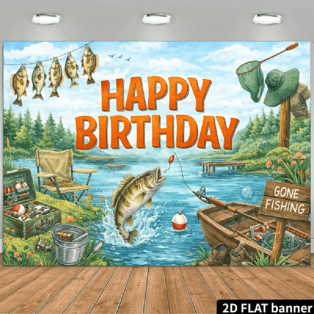 2D Flat Polyester Birthday Party Backdrop Banner - HD Digitally Printed Decorative Cloth with Fishing Scene, Jumping Fish, Fishing Gear, "Happy Birthday" Text, Soft Lightweight Foldable Machine-Washable Photo Background for Home Festive Decor
