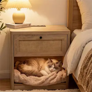 Boho Rattan Nightstand with AC/USB Charging Station, LED Music Sync Lights End Table, Heavy Duty Wood Bedside Table for Bedroom/Living Room/Cat Space