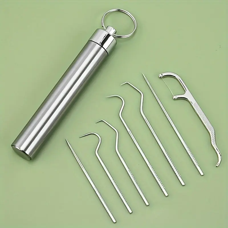 7/piece set Stainless Steel Toothpicks Pocket Set, Portable Floss Pick Dental Floss Picks Floss Picks for Teeth Reusable Metal Toothpicks Tooth Cleaning Kit With Keychain Holder For Outdoor Picnic Camping Traveling