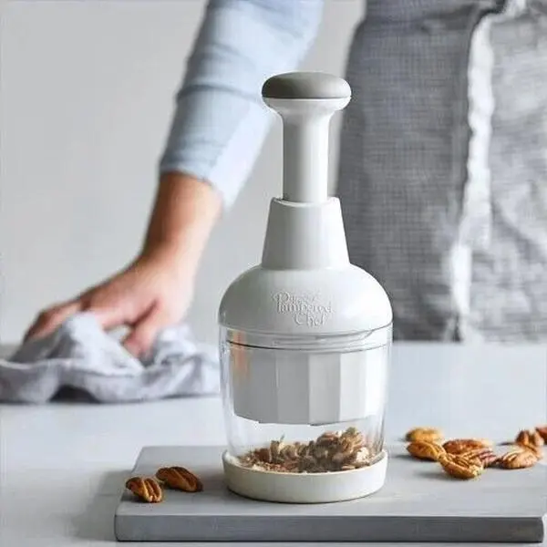 Pampered Chef Handheld Food Chopper – Manual Vegetable & Onion Chopper with Stainless Steel Blade, Dishwasher Safe, White