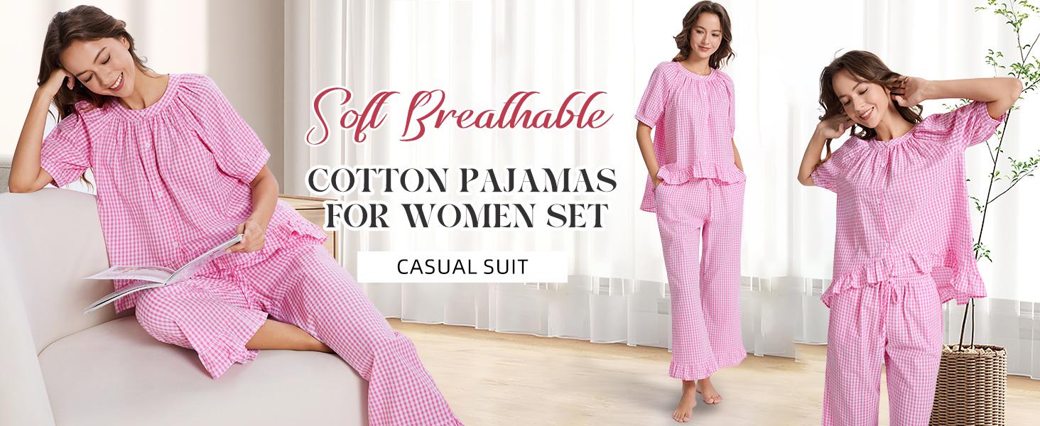 Arssm Women’s Gingham Pajama Set – 2-Piece Plaid Cotton Button-Down Top & Pants with Ruffle for Cozy Sleepwear & Lounge Set