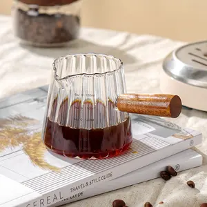 Modern Ribbed Glass Milk Pitcher with Ergonomic Wood Handle - 120°C Heat-Resistant Borosilicate Creamer - Elegant Sauce & Syrup Server for Coffee & Espresso