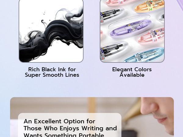 WRITECH Fountain Pen Black Ink with Retractable Fine Nib - Set of 5 Ink Cartridges for Smooth Calligraphy, Journaling and Sketching - Pink Gift
