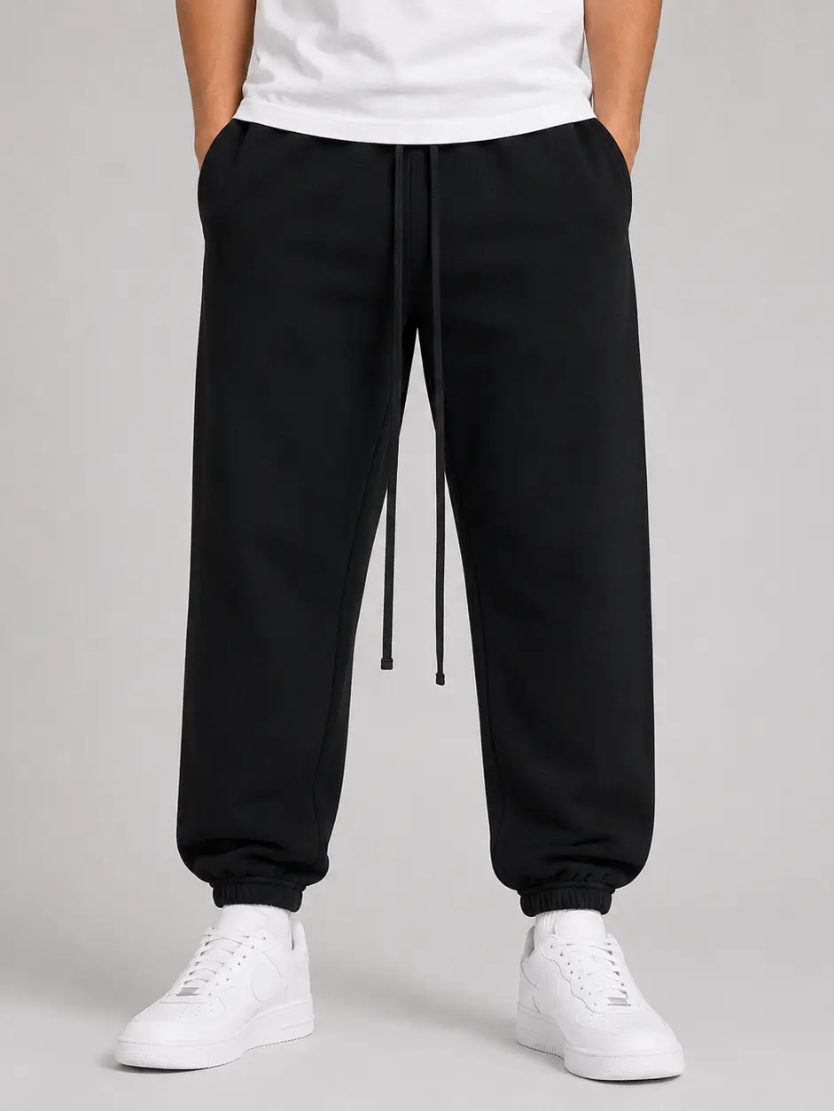 Men Casual Solid Color Sweat Jogger Pants, Elastic Drawstring Waist Gym Workout Lounge Running Street Trousers with Side Pockets