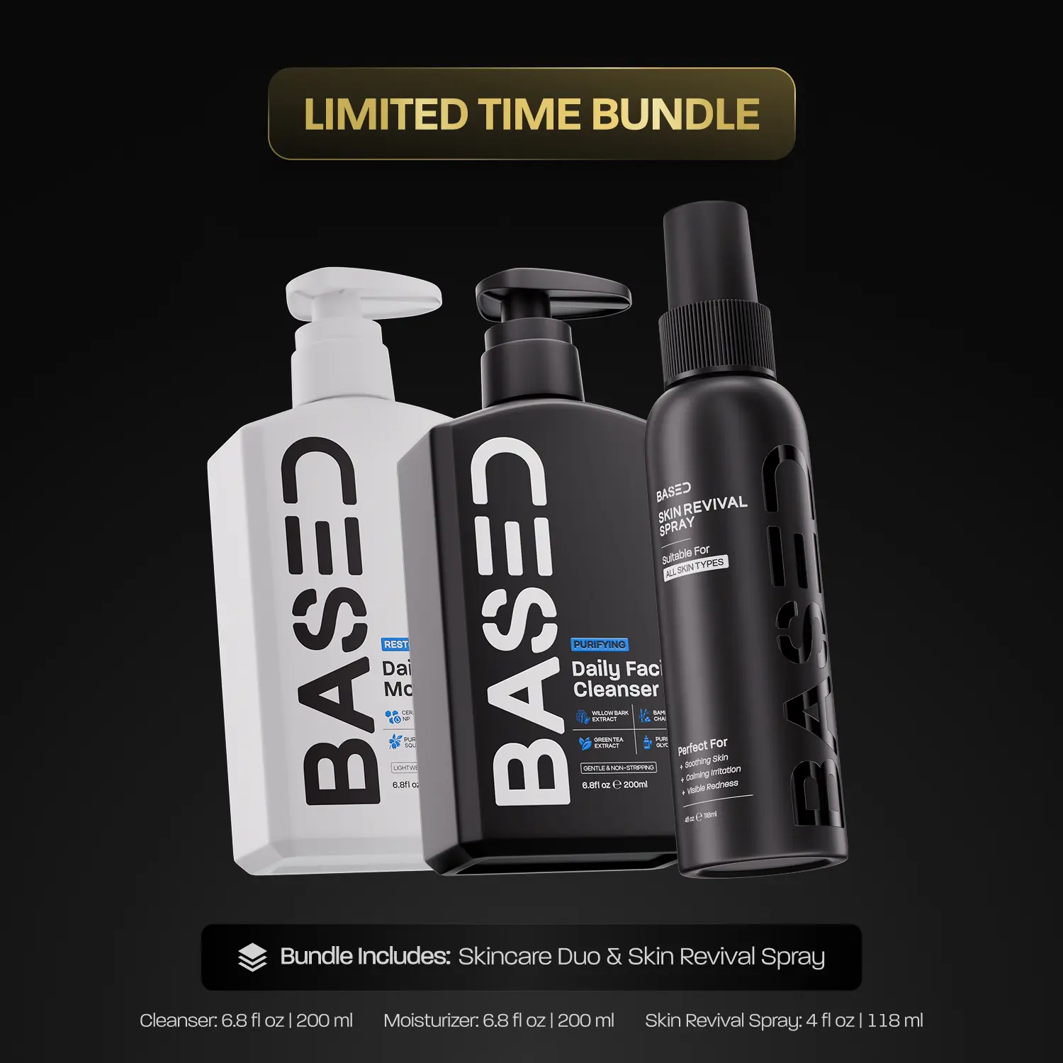 BASED Skincare Trio – Daily Skincare Duo + Skin Revival Spray | Supports Clearer-Looking Skin | Daily Moisturizer & Cleanser | For All Skin Types | Science-Backed, Effective