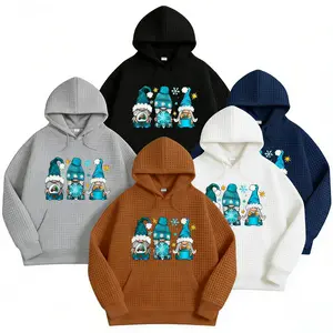 Women's Stylish Waffle Texture Hoodie Featuring Adorable Blue Christmas Gnomes & Snowflake Design, Cozy Long Sleeve Drawstring Hooded Sweatshirt with Pocket for Holiday Wear