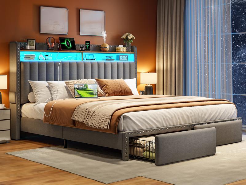 Raybe Furniture Upholstered Bed Frame with LED & Charging Station & 2 Drawers, MATTRESS NOT INCLUDED, Twin, Full, King, Queen Size Bed Frame with Headboard &Shelves, Holds 1000 LBS, No Noise