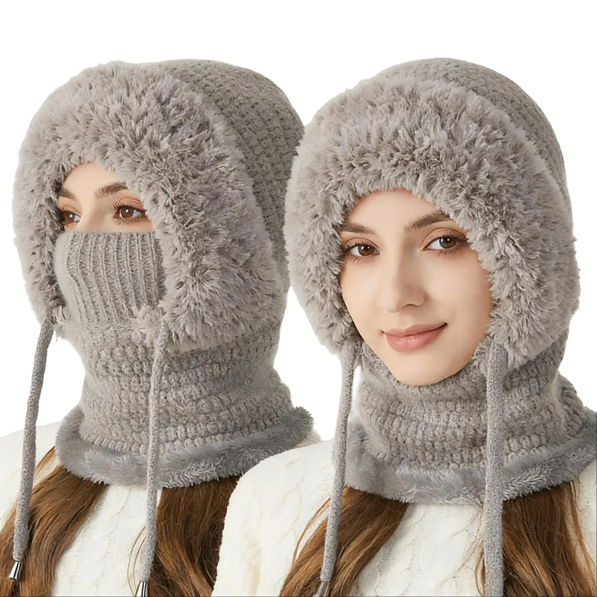 Women's Men's 3-in-1 Fleece Soft Plush Knit Beanie, Cold Weather Headwear with Drawstring, Face Neck Ear Warmer, Solid Color Ski Snow Outdoor Gear